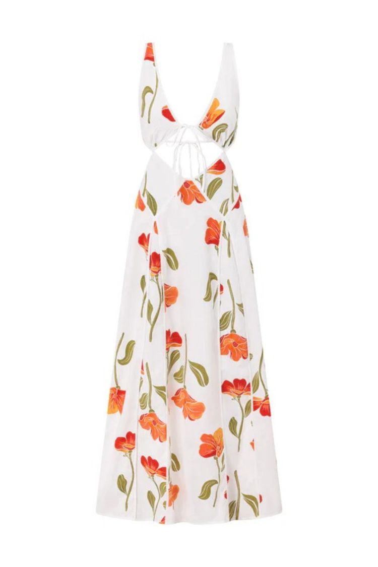 Eliska Linen Blend Poppy Print Cutout Contrast Trim A-line Maxi Dress - Fashionpara