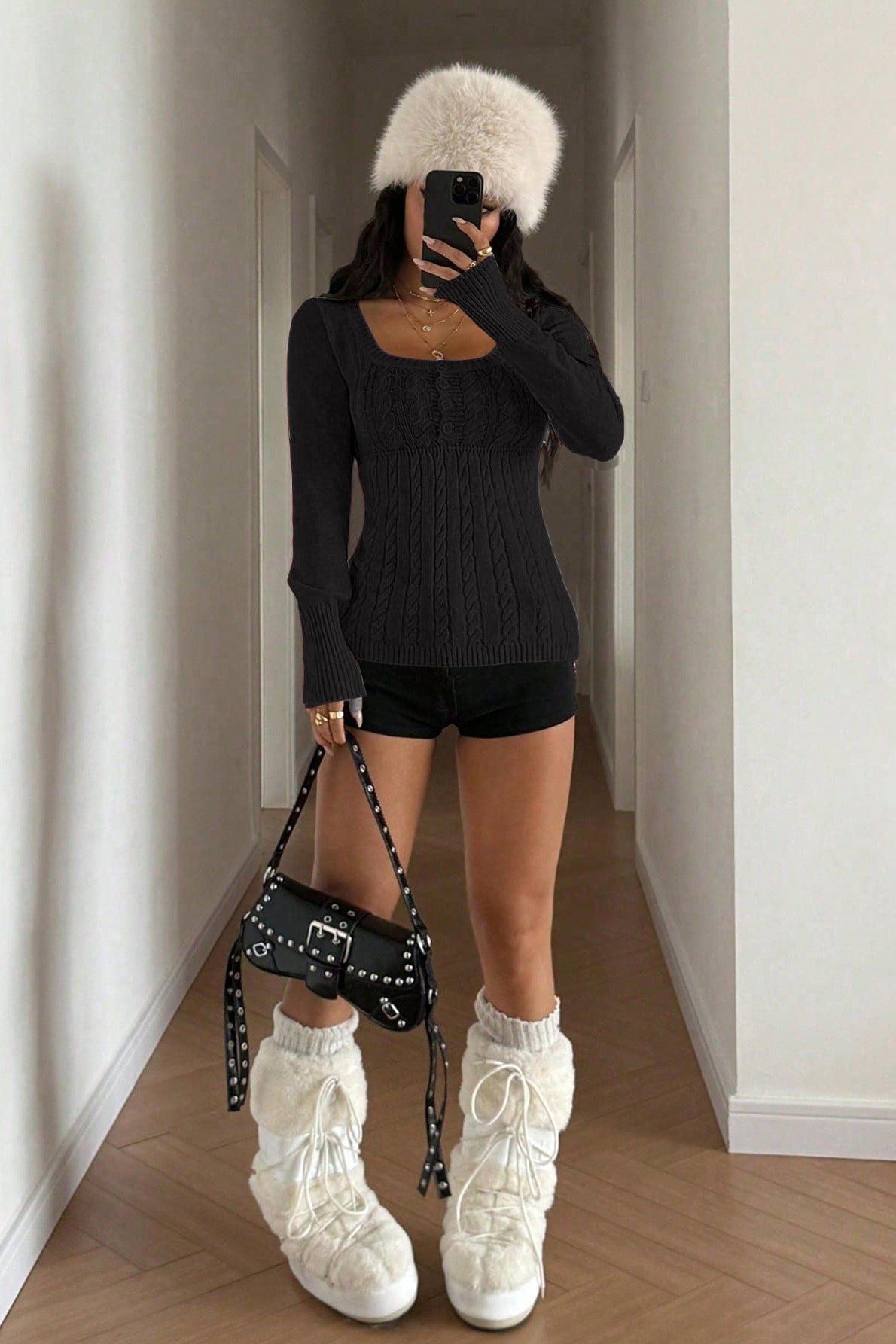Cable Knit Square Neck Button Detail Sweater 12
