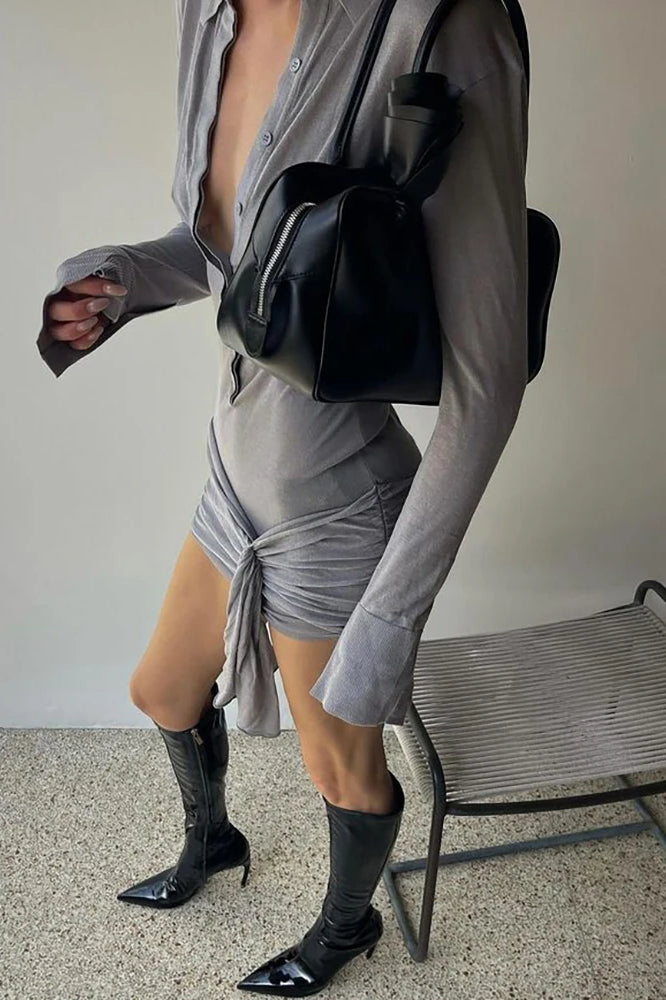 Turn Down Collar Midi Dress