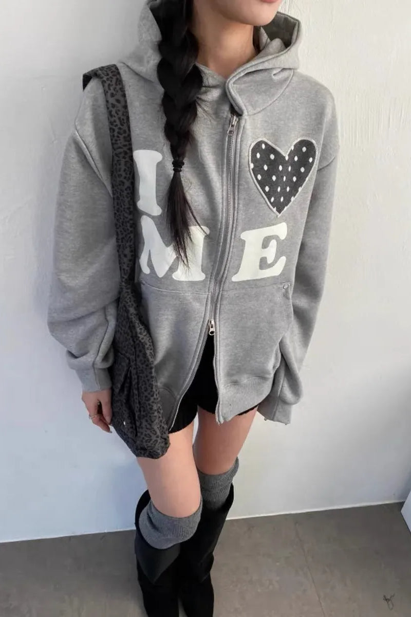 Letter Embroidery Zip Hoodie