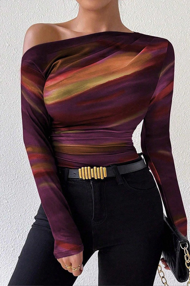 Abstract Print Ruched Shoulder Blouse
