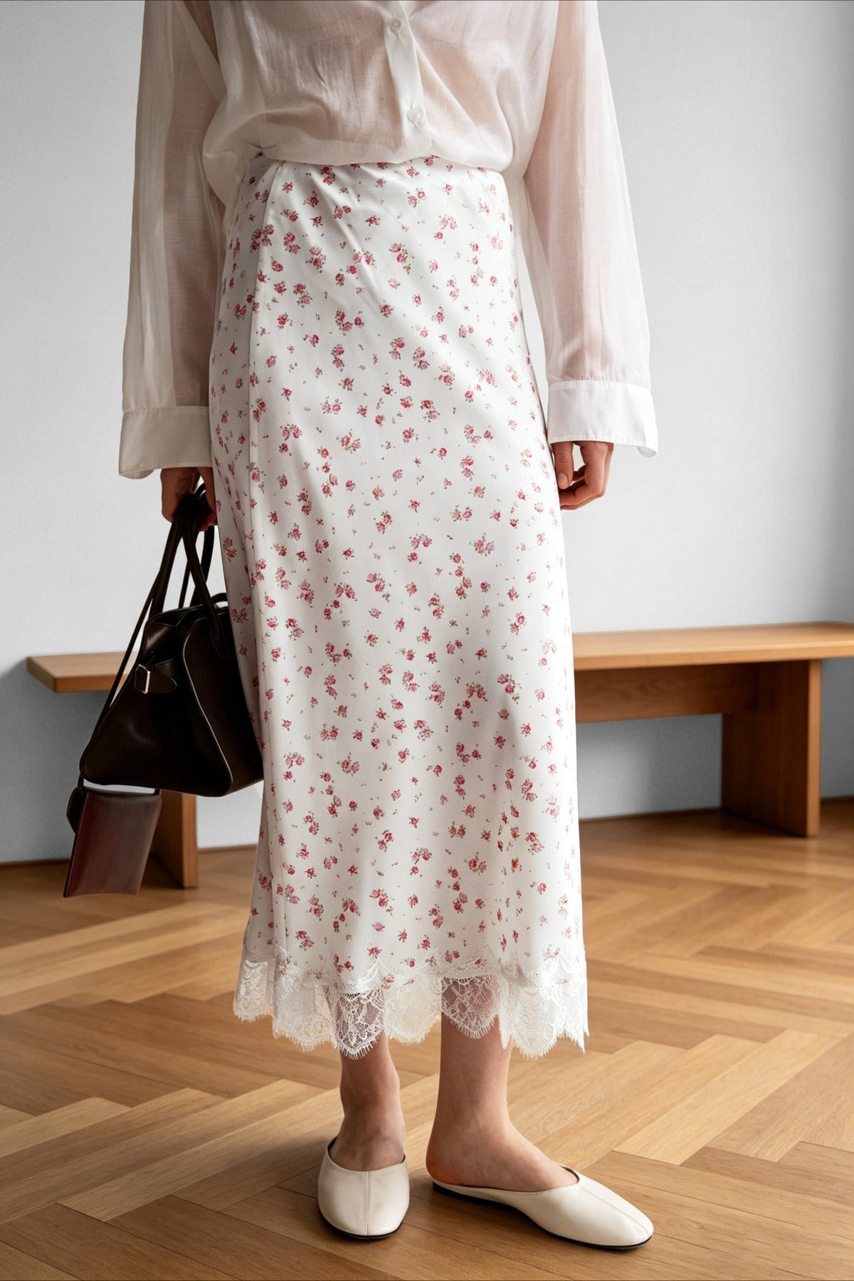 Floral Lace-Hem Maxi Skirt