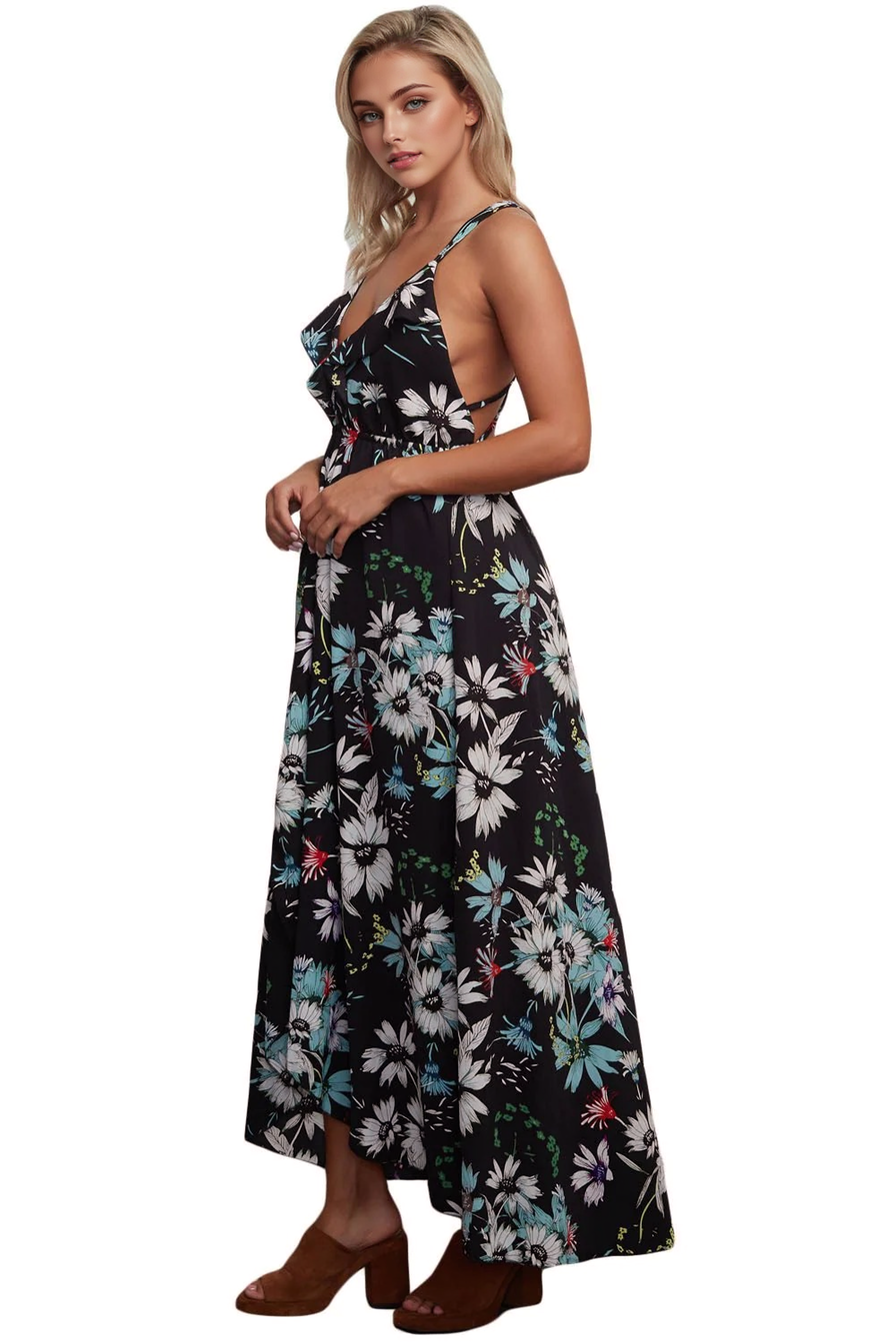 Floral Print Ruffle V-Neck Spaghetti Strap Maxi Dress 2