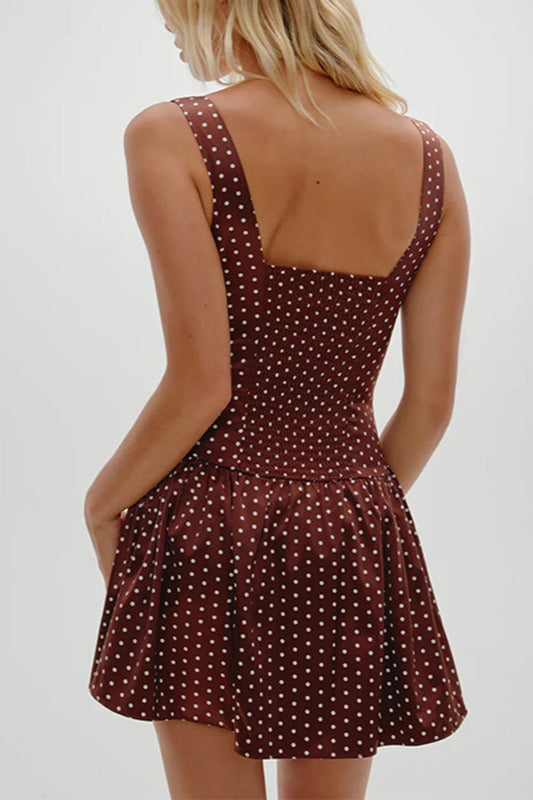 Lace Trim Polka Dot Cami Mini Dress in Brown - View 3