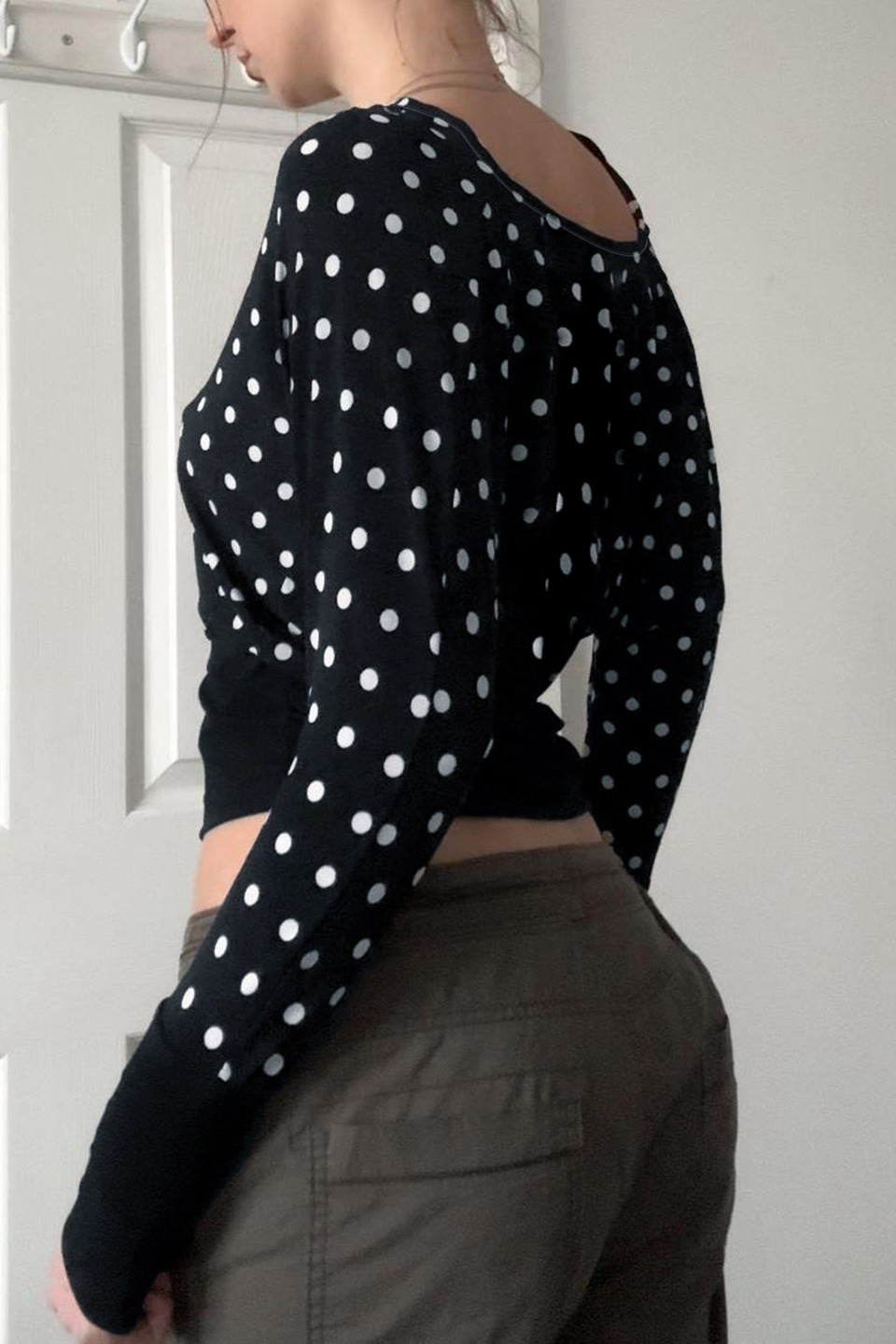 Polka Dot Print Slim Crop Waist Long Sleeve Crop Top - Fashionpara