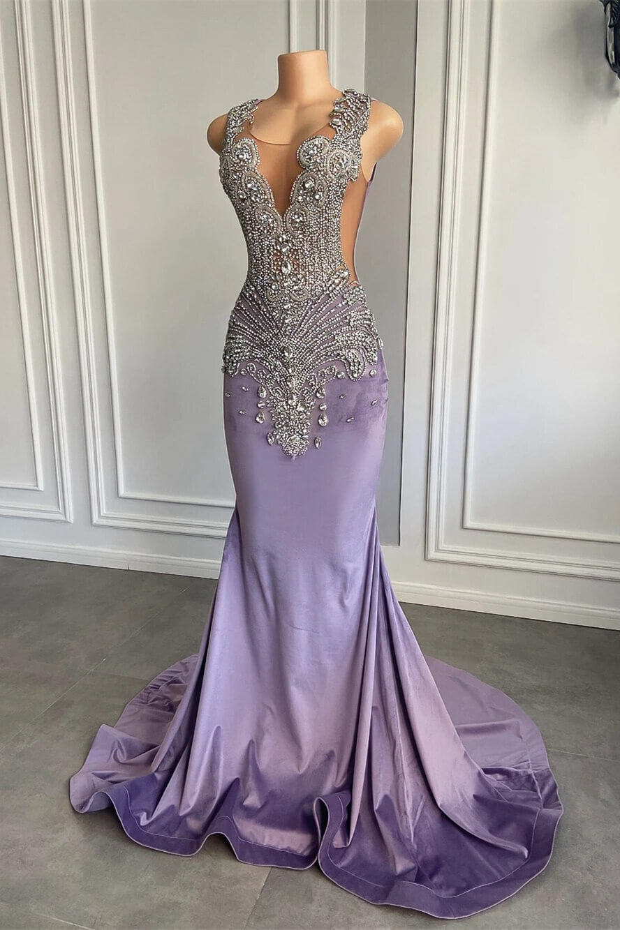 Elegant Lilac Mermaid Prom Dresses with Scoop Neckline Sleeveless and Crystal Beadings - Fashionpara