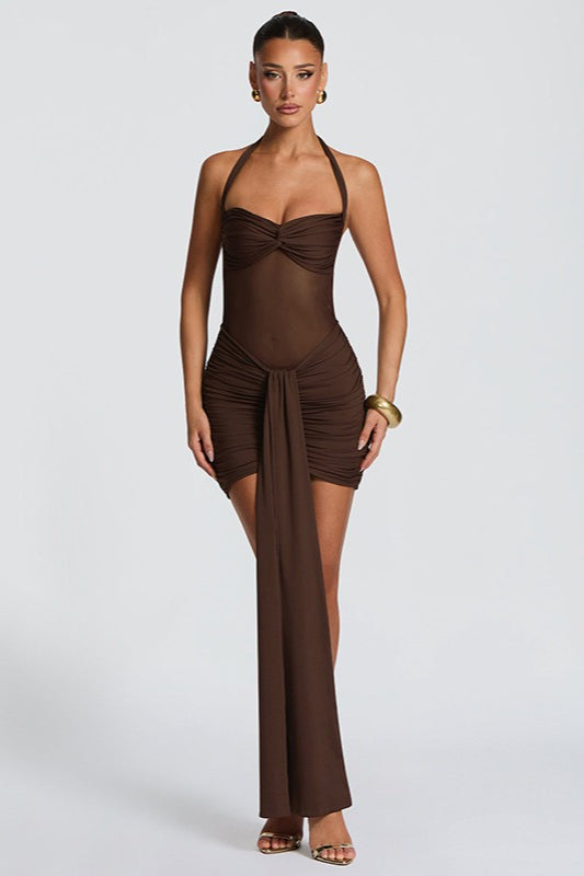 Halter Sweetheart Twist-Front Ruched Sash Mini Dress