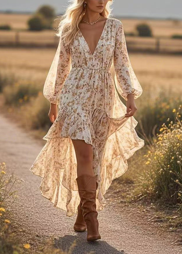 Floral Deep V-Neck Balloon Sleeve High Low Ruffle Tier Midi Dress - View 4