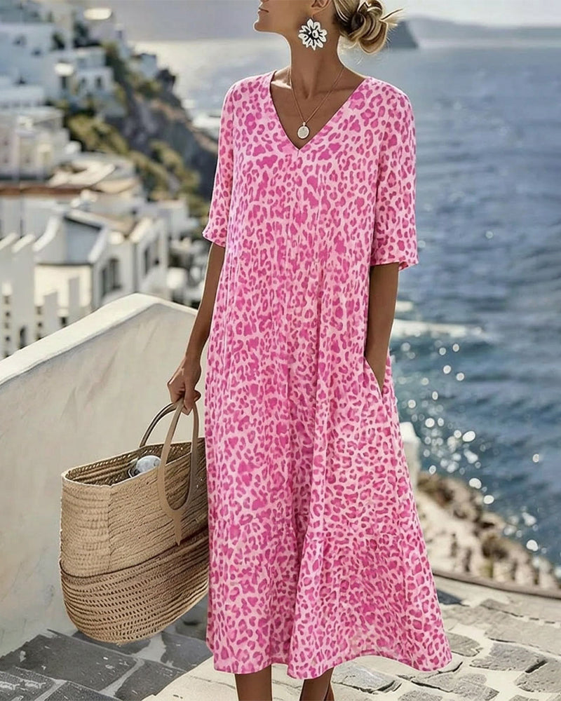 Leopard Print V-Neck Short Sleeve Tiered Midi Dress 11