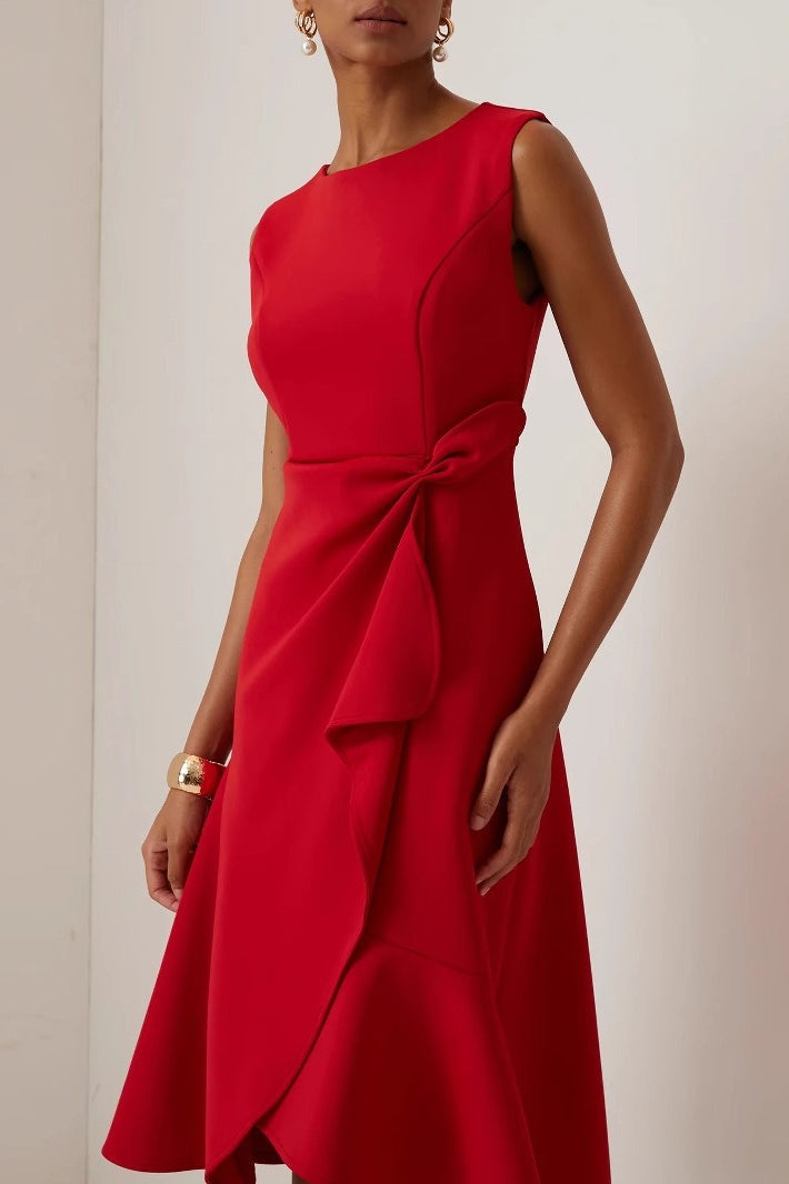 Sleeveless Round Neck Side Knot Ruffle Cascade Midi Cocktail Dress