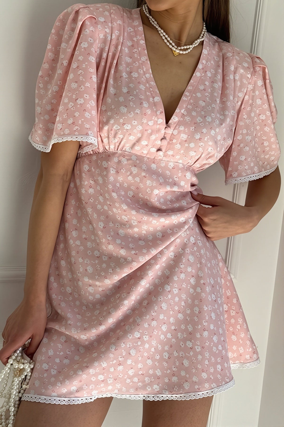 Floral V-Neck Flutter Sleeve Lace Trim Mini Dress