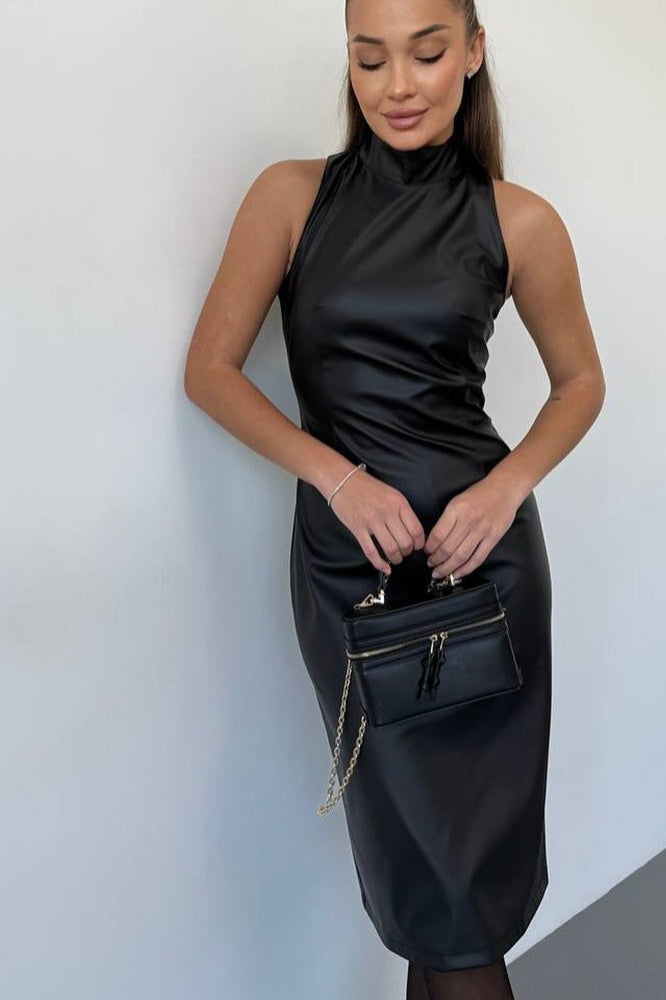 Faux Leather Mock Neck Sleeveless Bodycon Midi Dress - View 4