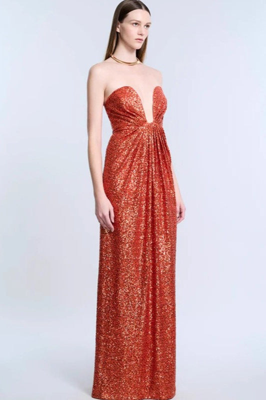 Sequin Strapless Deep V-Neck Ruched Column Gown - View 2