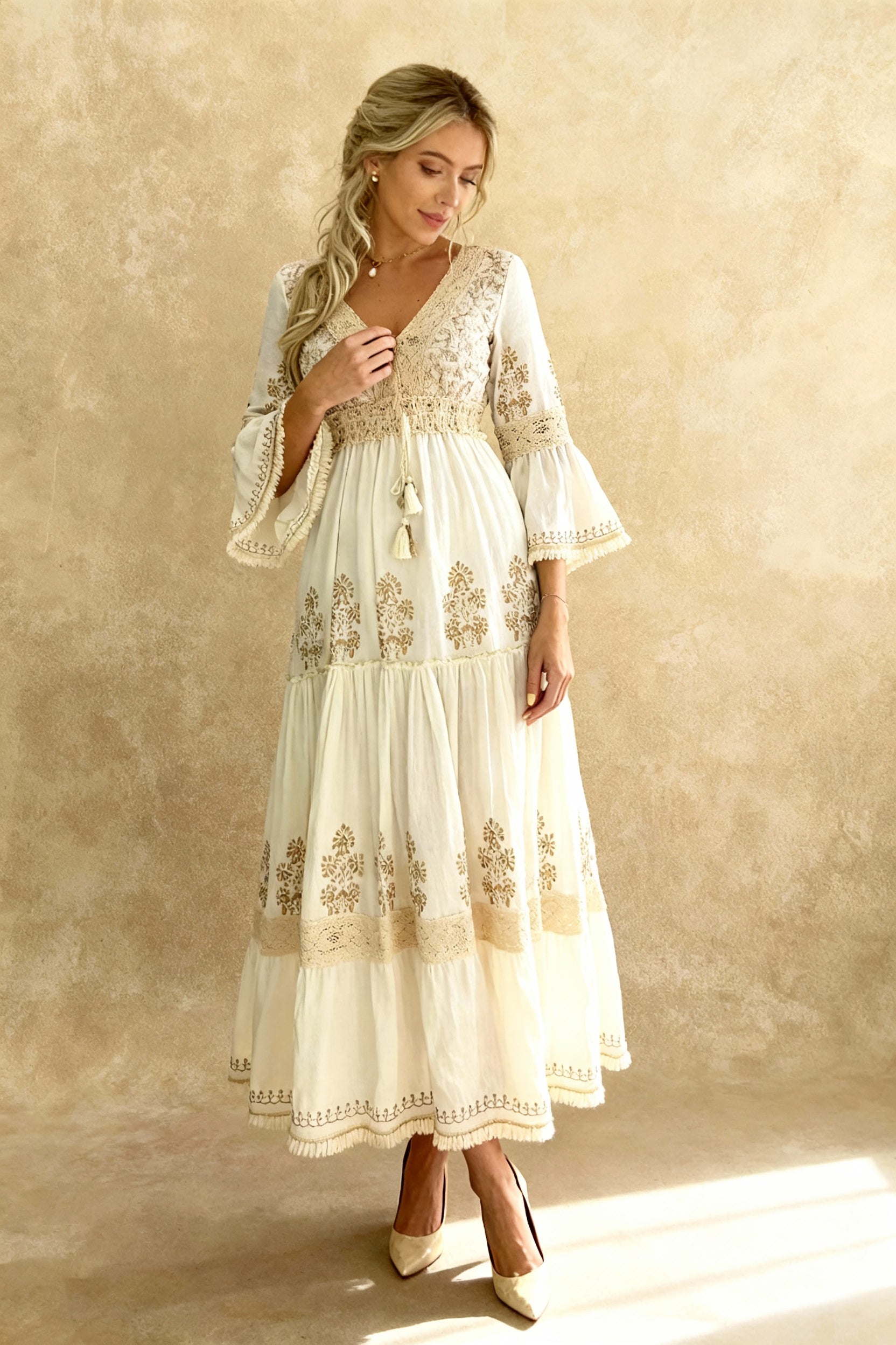 White Flare-Sleeve Ethnic Boho Dress