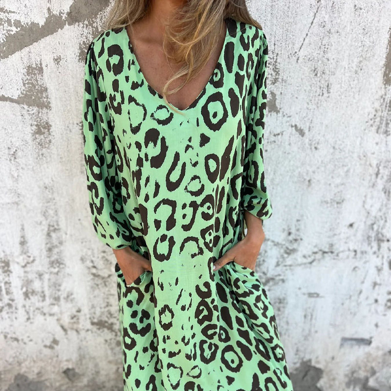 Leopard Print V-Neck Puff Sleeve Pocket Midi Dress 2