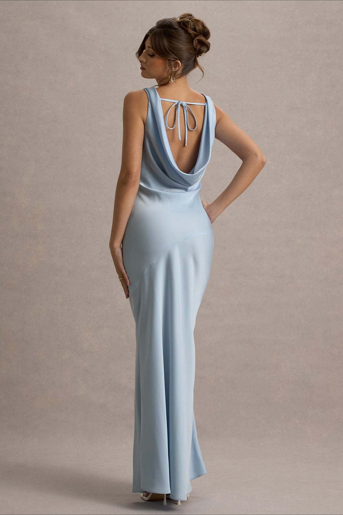 Satin Draped Cowl Neck Bias-Cut Column Maxi Gown