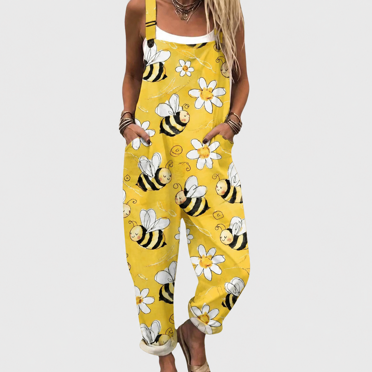 Sleeveless Cartoon Bee Floral Print Overall Jumpsuit