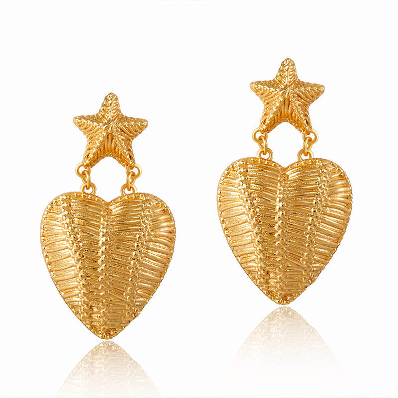 Retro Textured Five-pointed Star and Love Earrings