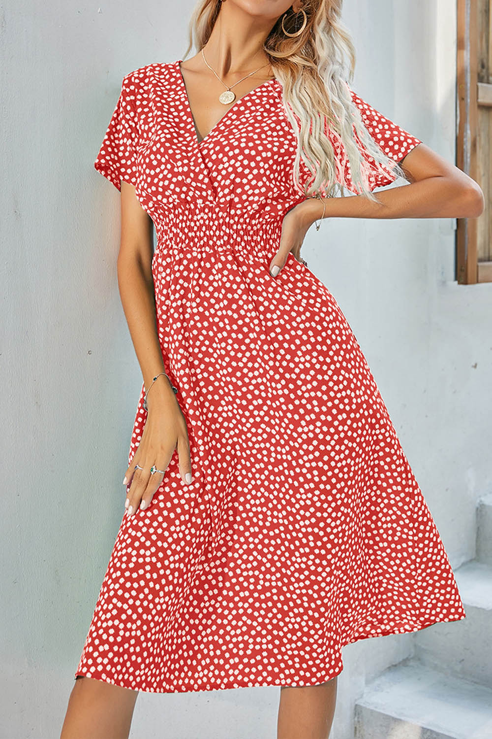 Polka Dot V Neck Short Sleeve Midi Dress - Fashionpara