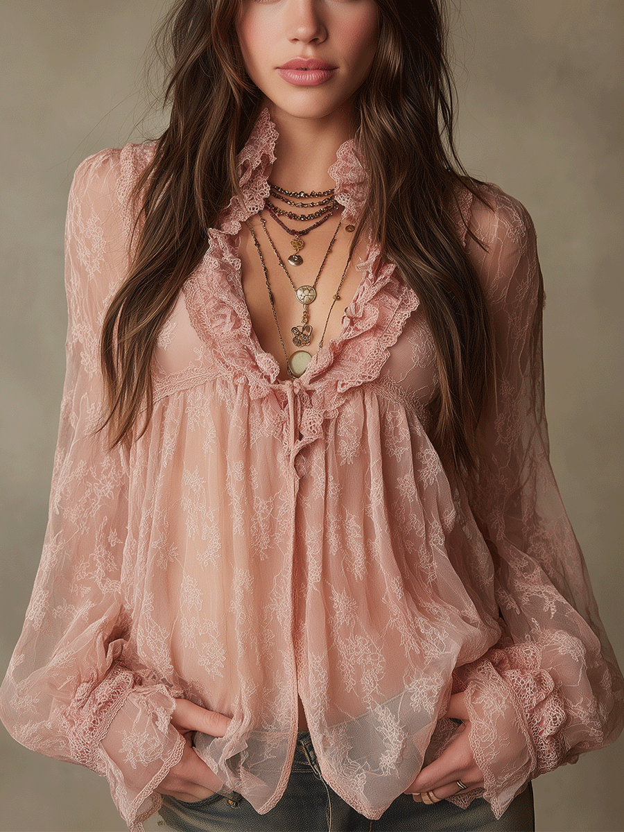 Romantic Blush Boho Sheer Ruffle Blouse