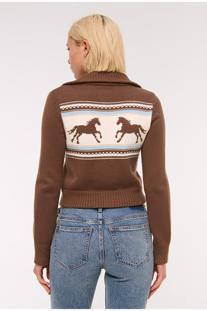 Color-Block Short Knit Cardigan with Collared Design