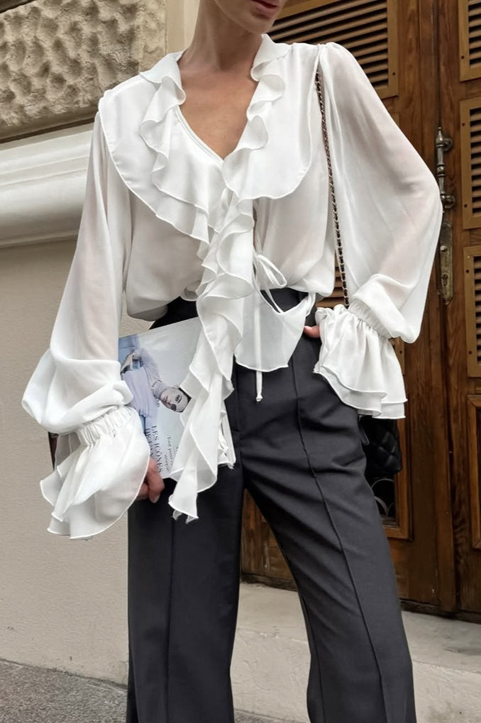 Ruffle Trim Tie Neck Blouse