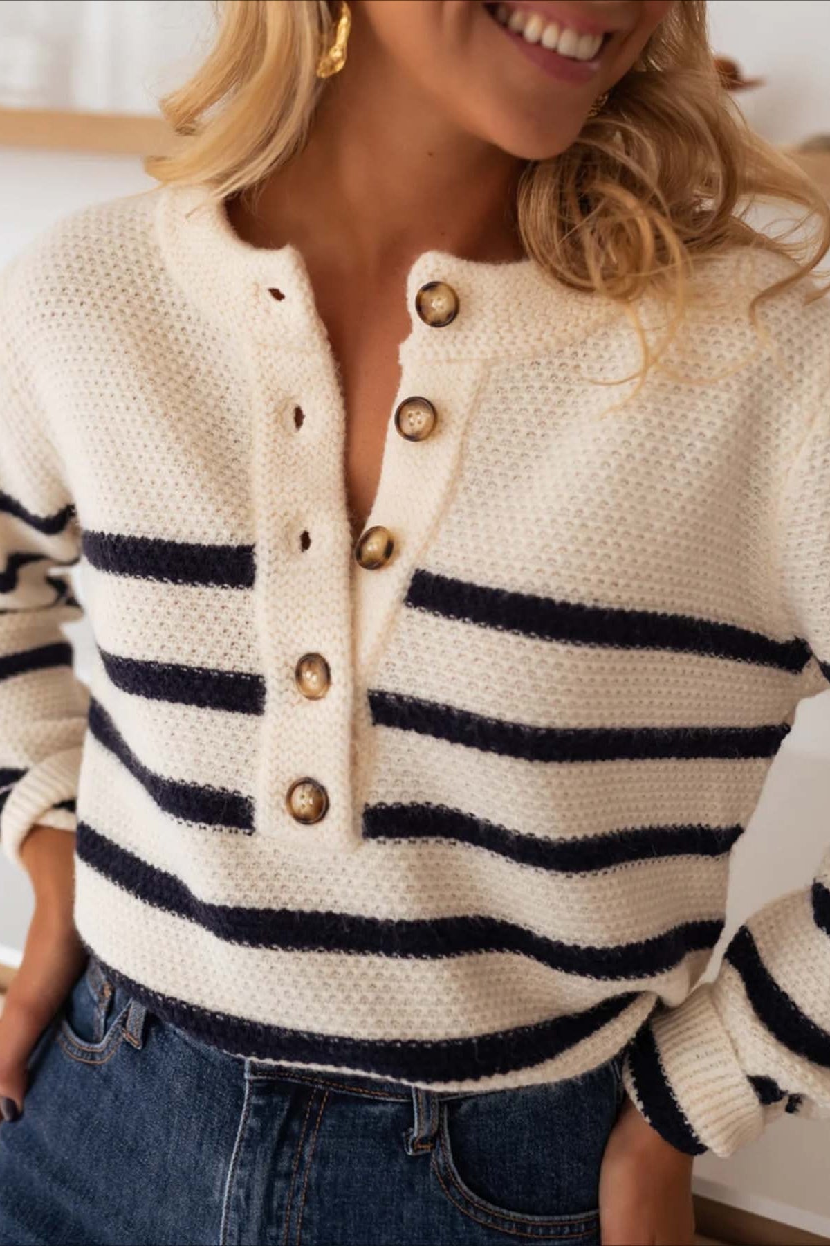 Button Front Stripe Knit Pullover Blouse