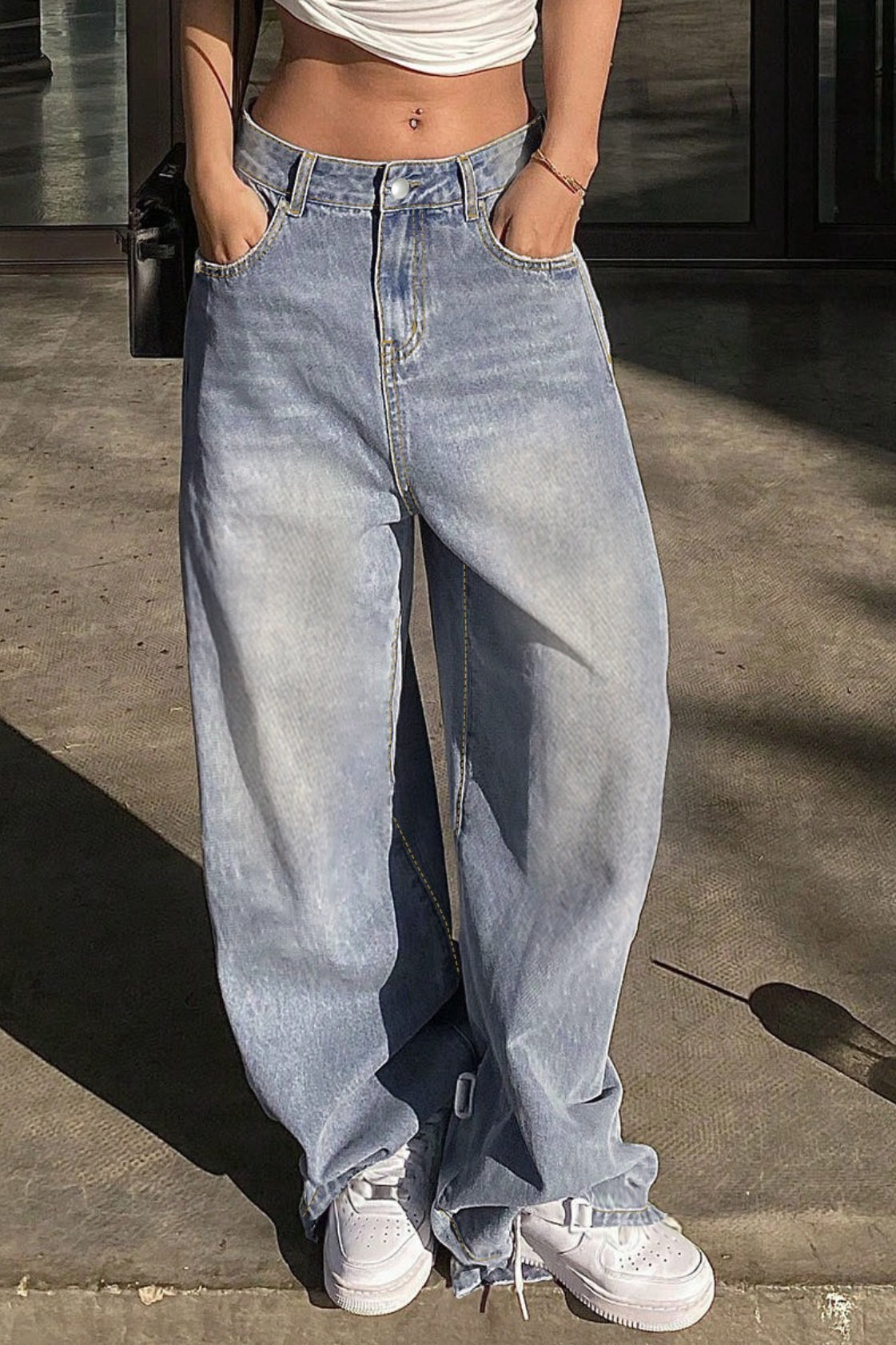 Washed Wide Leg Floor Length Jeans