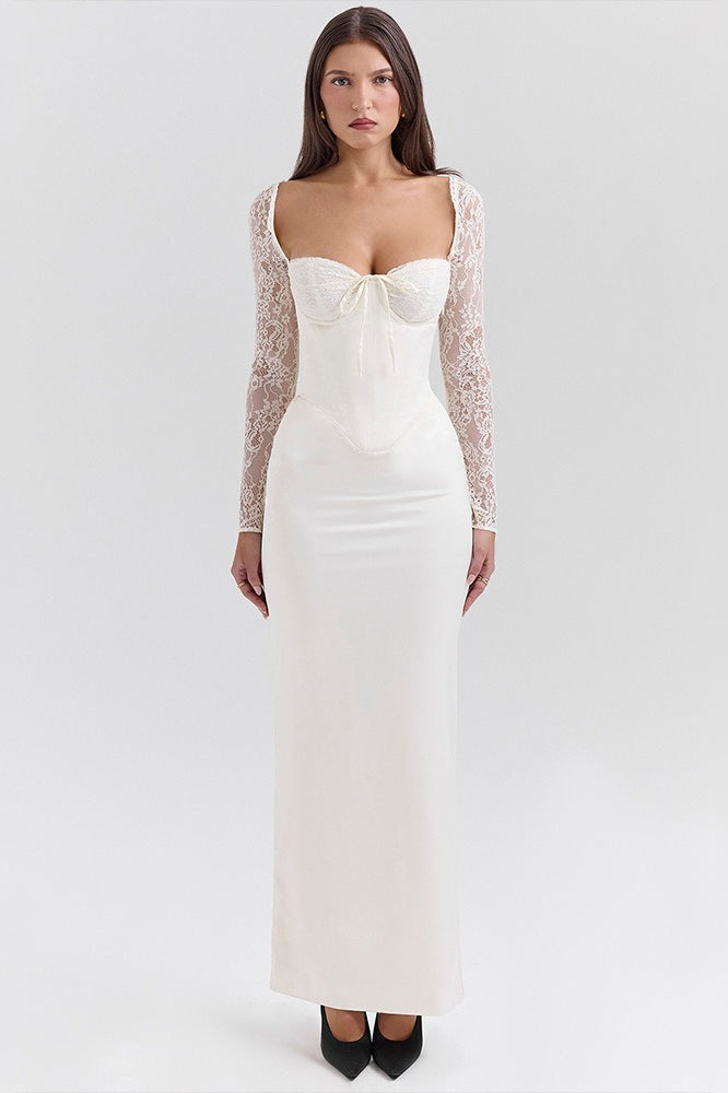 Satin Lace Long-Sleeve Sweetheart Corset Maxi Gown