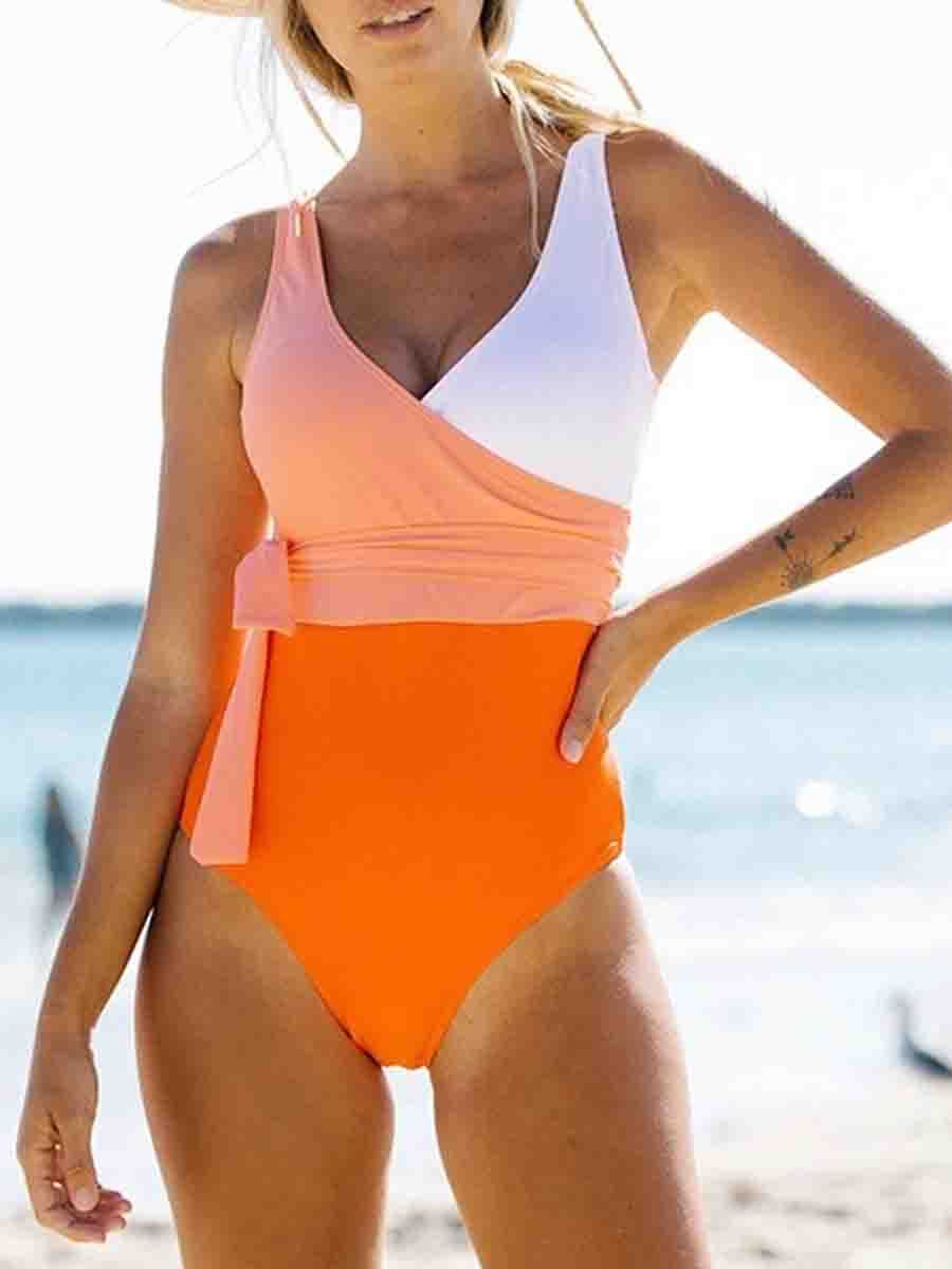 Color-lump Patchwork Orange One-piece Swimsuit - Fashionpara