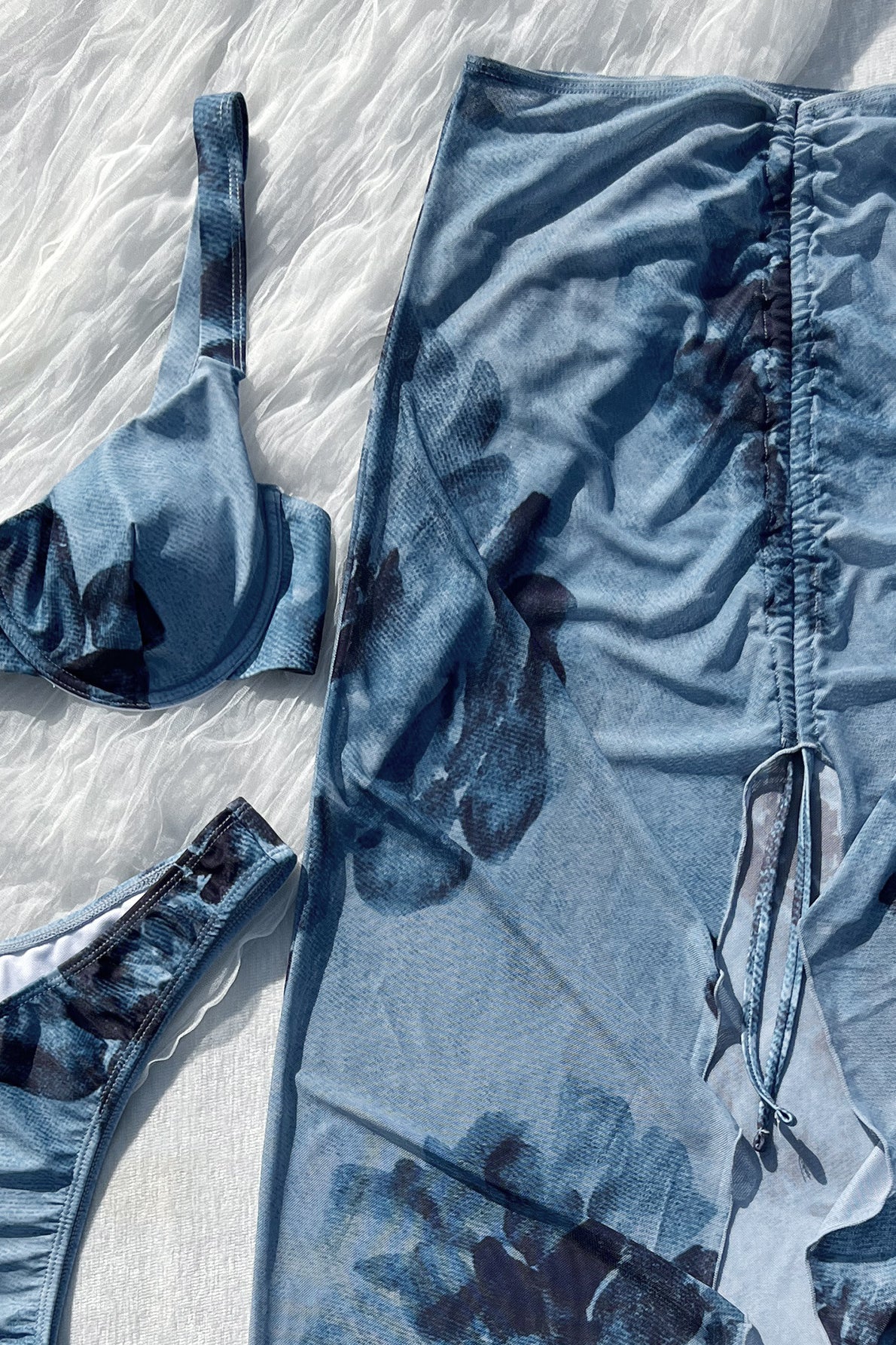 Peony Print Bikini Three Piece Swim Set