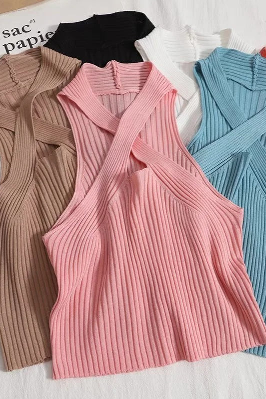 Knit Cross Neck Crop Top - Fashionpara