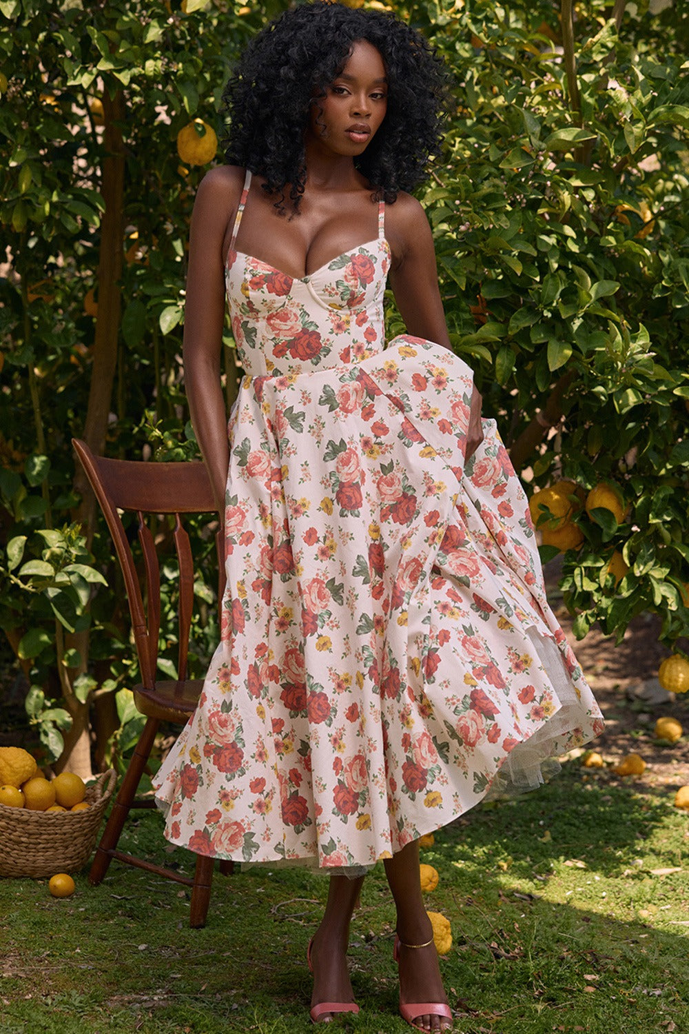 Floral Print Sweetheart Spaghetti Strap Bustier Midi Dress