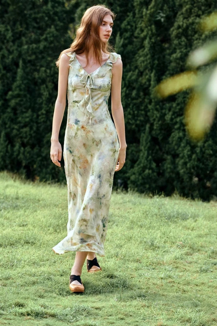 Leaf Edge V-neck Ruffle Vacation Floral Dress