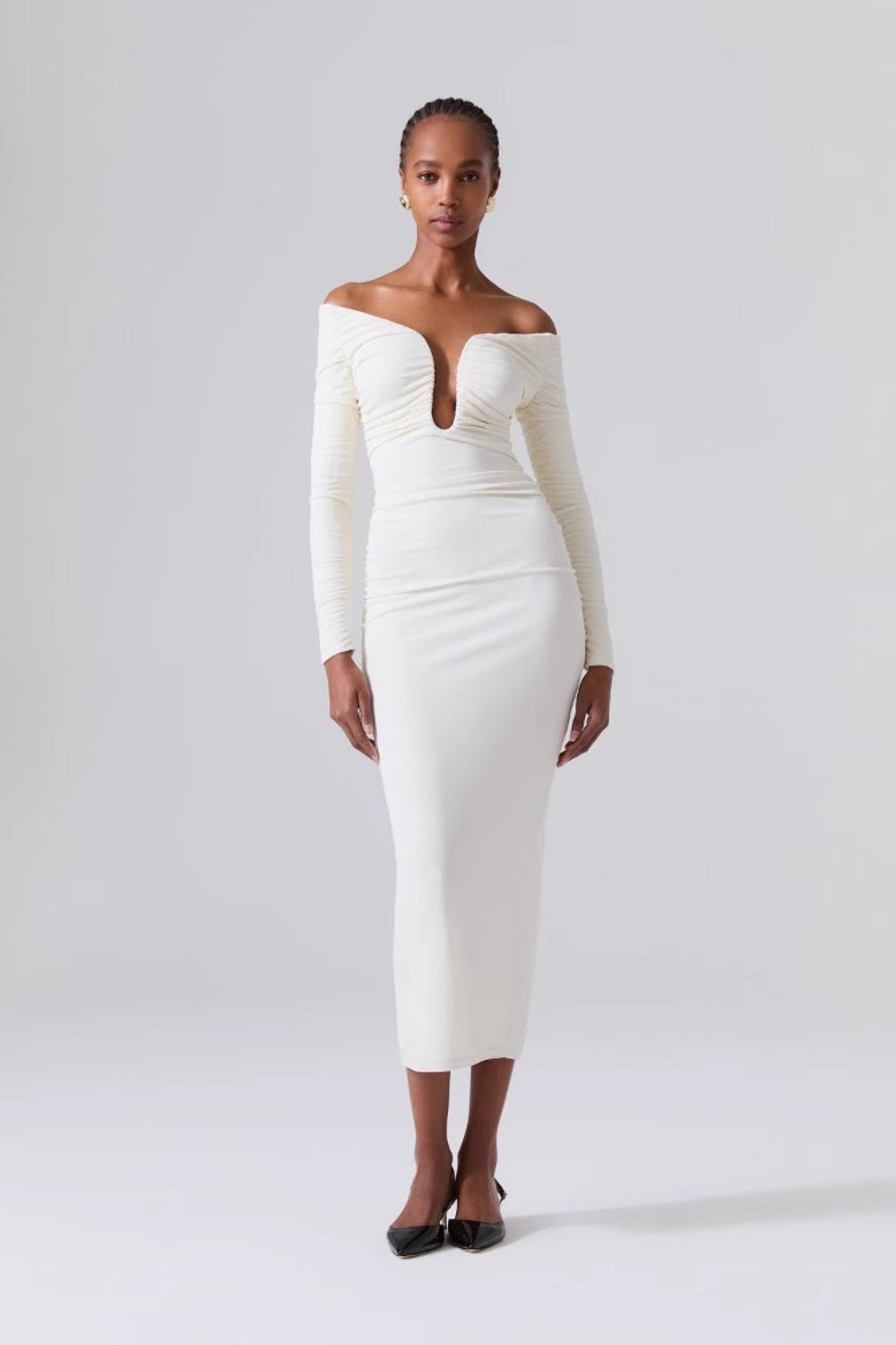 Off Shoulder Deep V-Neck Long Sleeve Ruched Bodycon Midi Dress 3