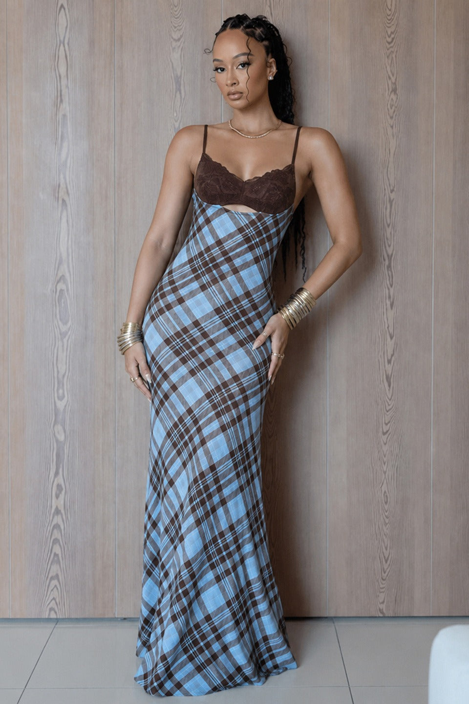 Plaid Lace Cup Spaghetti Strap Bias Slip Maxi Dress