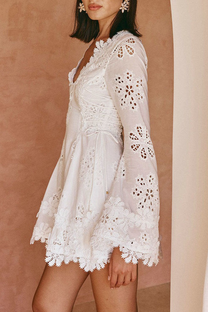 Fitted Lace Trim Tie Long Sleeve Mini Dress