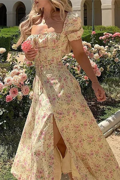 Printed Open Back Slim Split Floral Dress