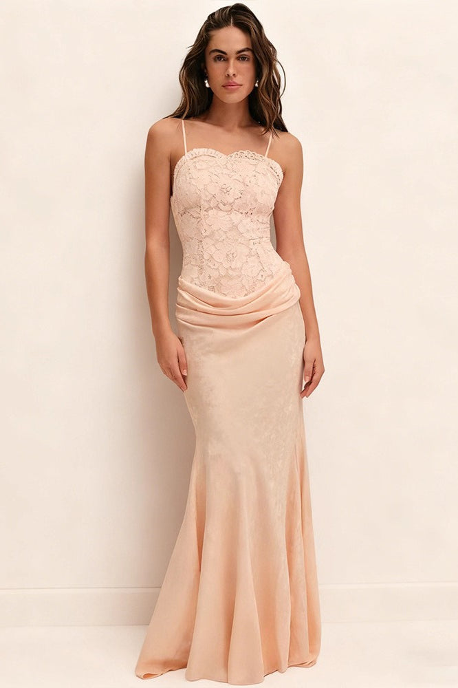Lace Bodice Spaghetti Strap Draped Mermaid Gown