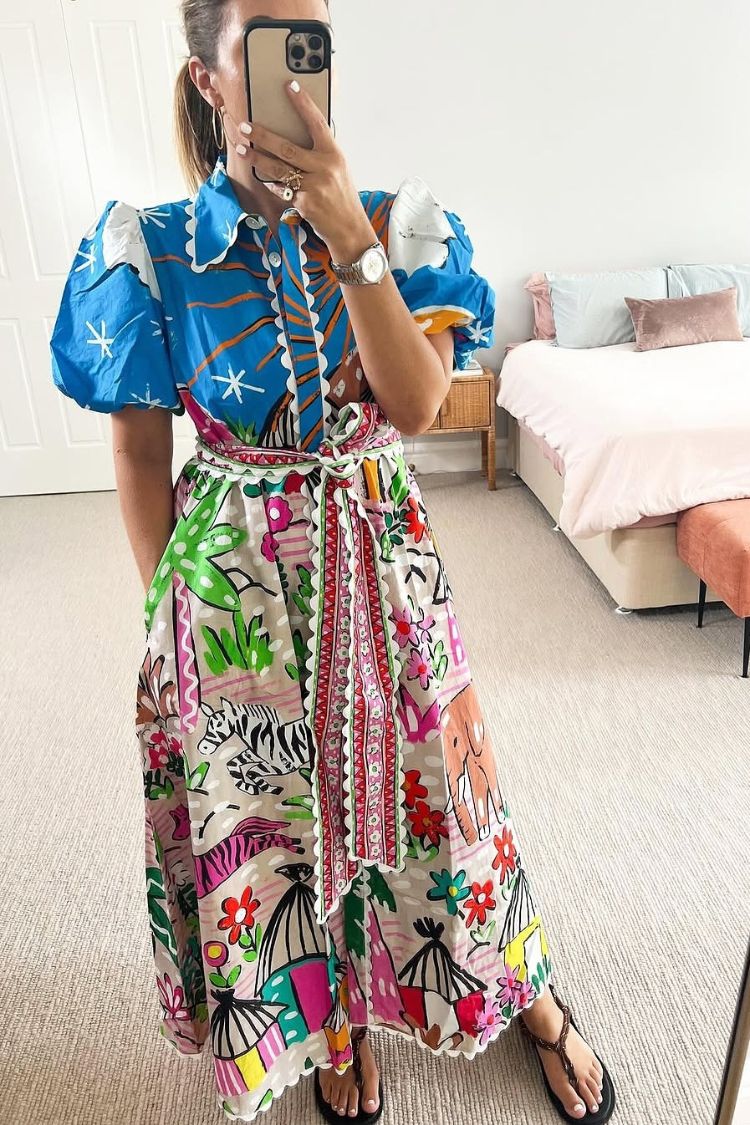 Daliah Unique Printed Wave Lace Puff Sleeves Loose Pocket Maxi Dress - Fashionpara