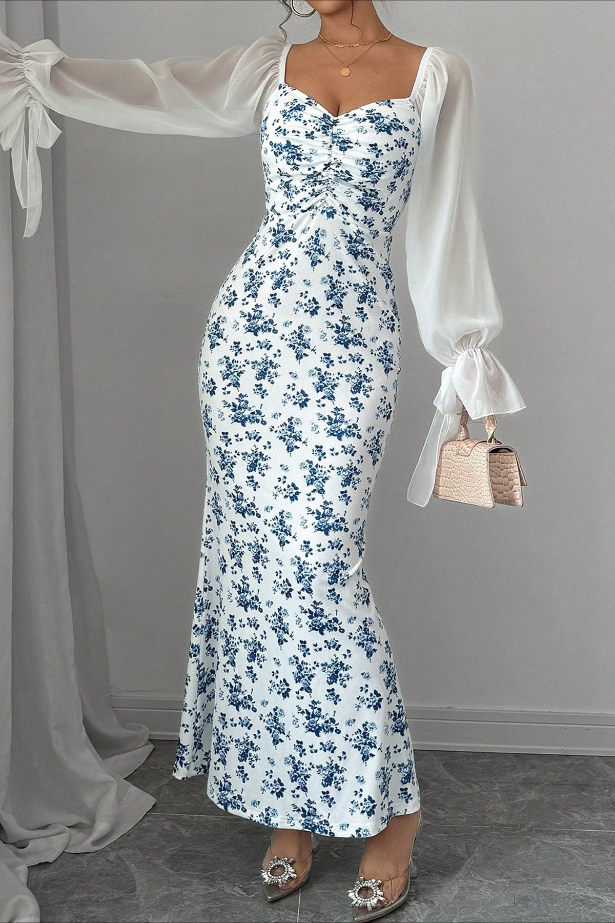 Floral Sweetheart Long Sleeve Ruched Mermaid Maxi Dress - View 3