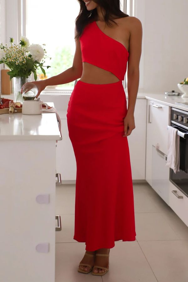 Solid Color Sexy One Shoulder Off Waist Maxi Dress - Fashionpara