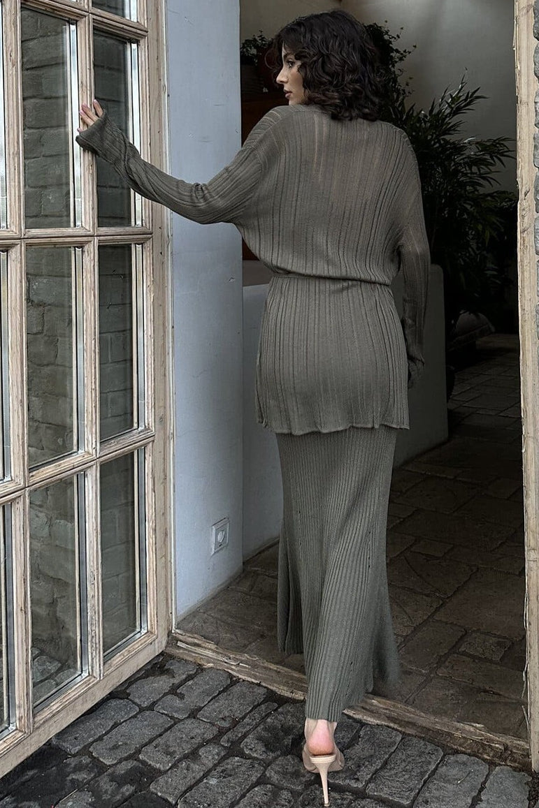 Vintage Ribbed Knit Cardigan and Cami Dress Set for Elegance