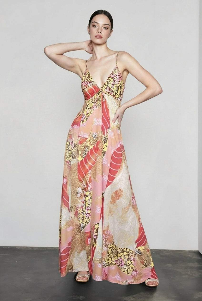 Floral Print Plunge V-Neck Spaghetti Strap Maxi Dress