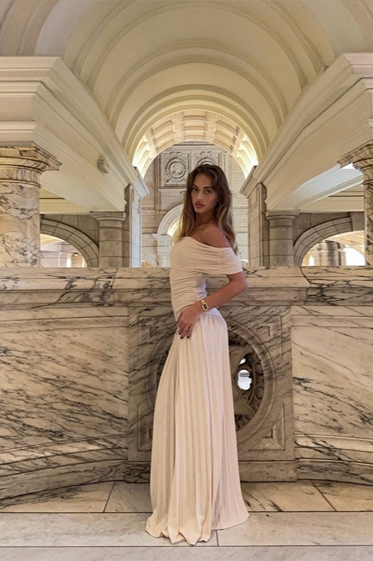 Off-Shoulder Ruched Pleated Fishtail Maxi Dress