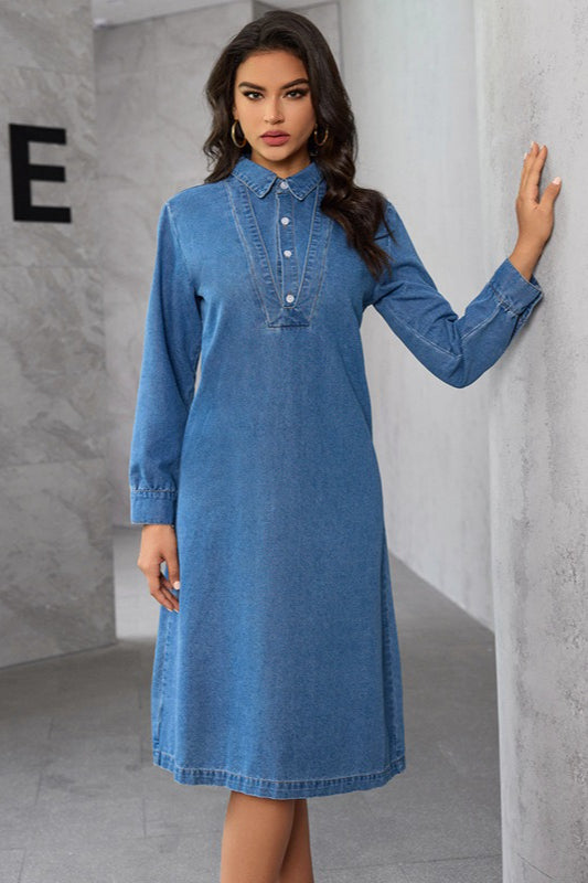 Vintage Collar Midi Denim Dress
