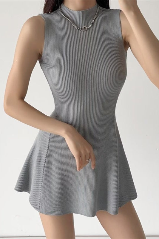 Sleeveless Solid Ribbed Fitted A-Line Sweater Dress