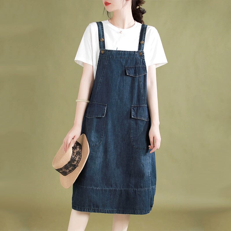 Sleeveless Denim Pinafore Flap Pocket Button Strap Midi Dress