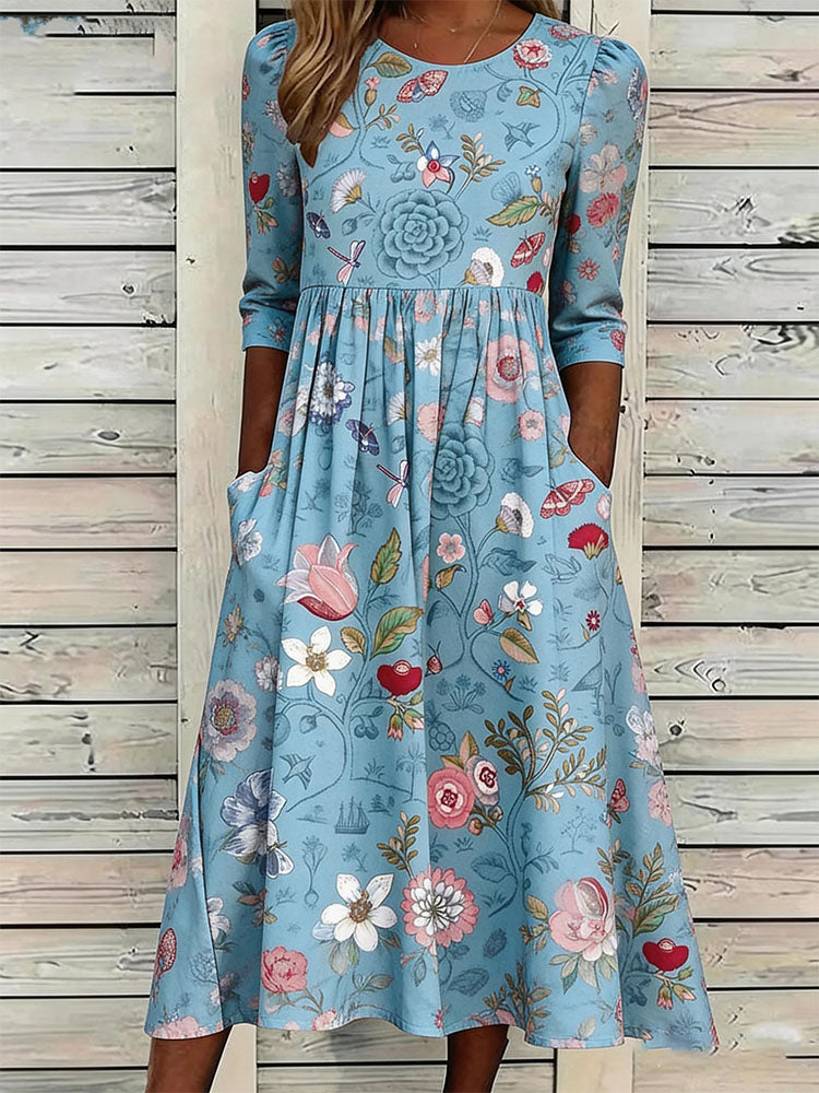 Round Neck Long Sleeve Botanical Floral Print Midi Dress 2