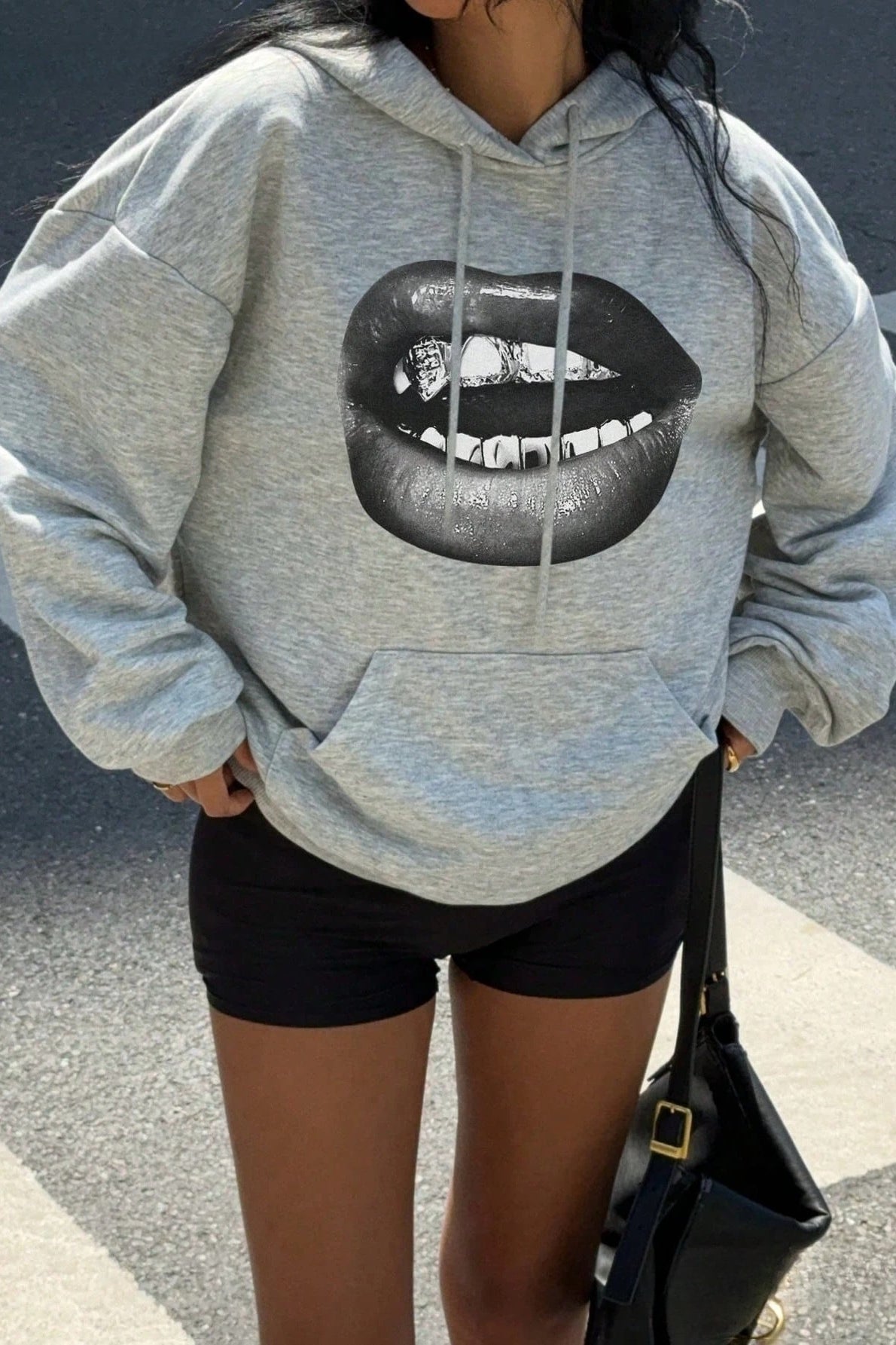 Lip Print Graphic Hoodie - Fashionpara